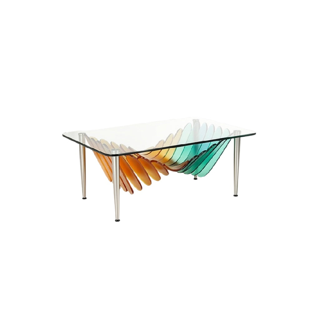 Table basse moderne en verre avec design ondulé multicolore
