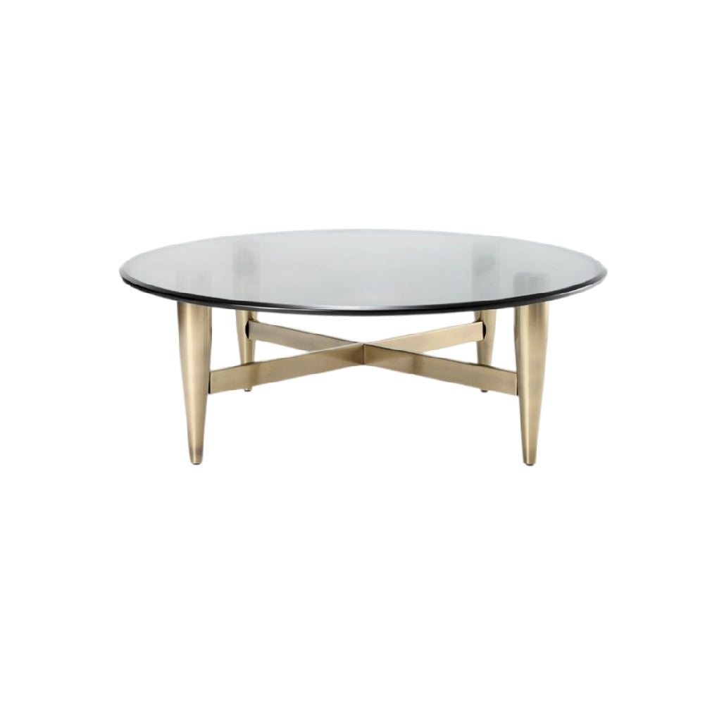 Table basse ronde en verre noir avec pieds en métal doré