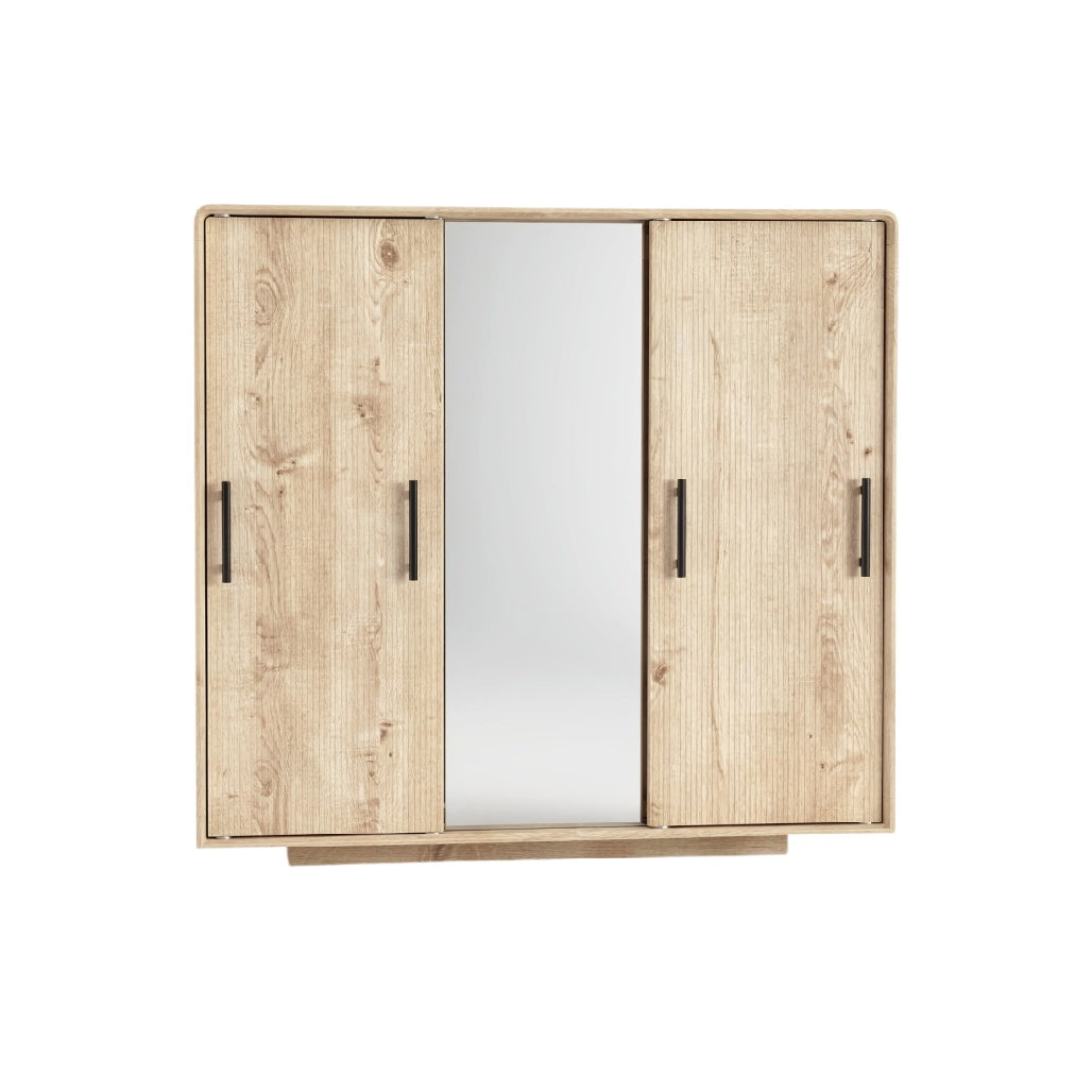 Armoire en bois avec miroir central et poignées noires